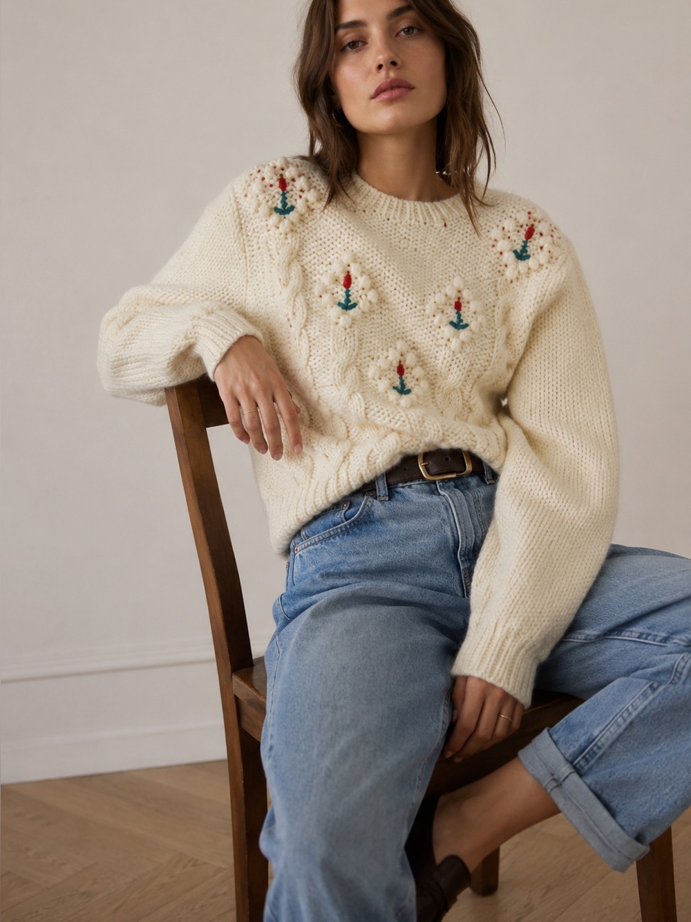Vintage Thick Cable Knit Style Sweater with Flower Details Size M